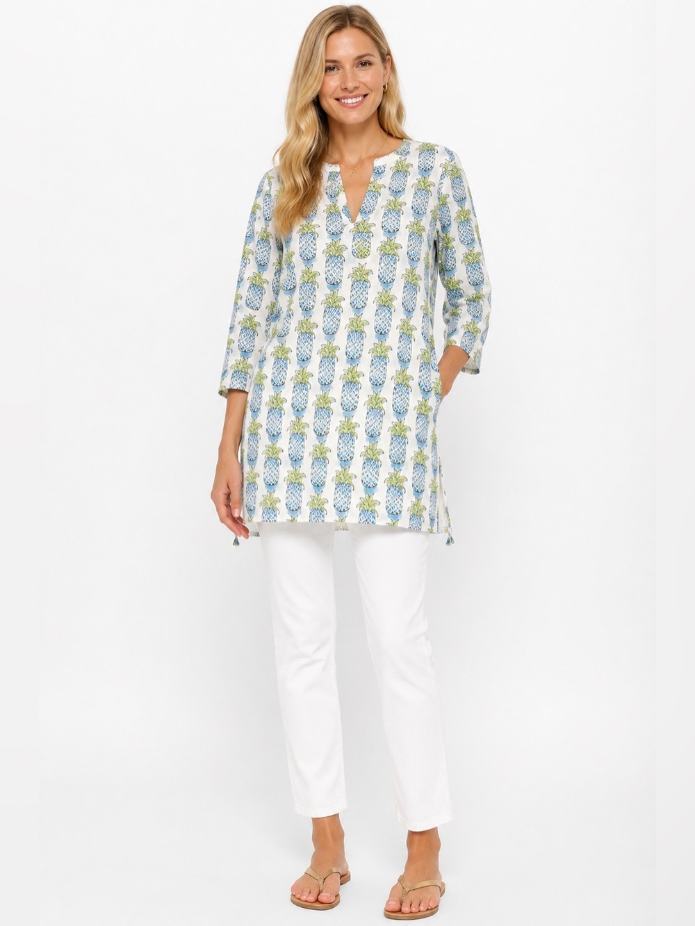 Roberta Roller Rabbit Pineapple Print Cotton Tunic Top Resort Beach Preppy |M